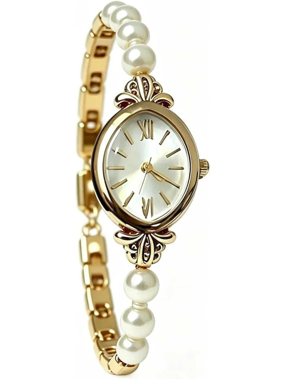 Women's Gold Oval Case Pearl Bracelet Roman Numeral Dial Quartz Wrist Watches